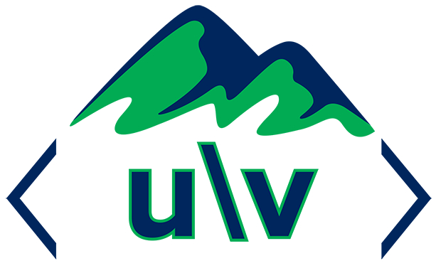 Upper Valley Web Design logo (no text version). Blue and green mountain design with < u \ v > symbols below it.