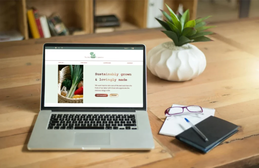 Valley View Organics demo website being viewed on laptop on table