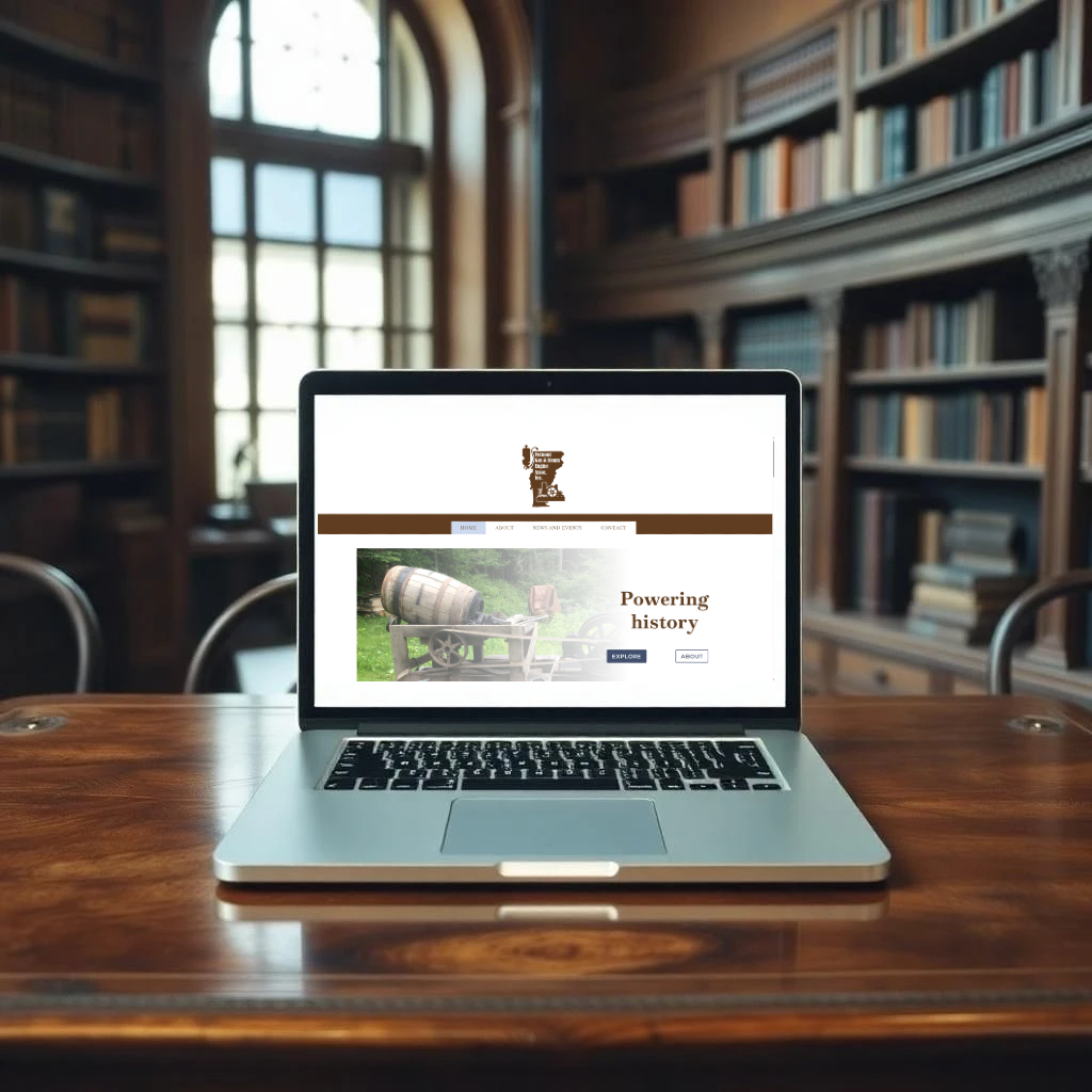 Laptop computer open on wood table in an old library, displaying the VT Gas and Steam Engine homepage.